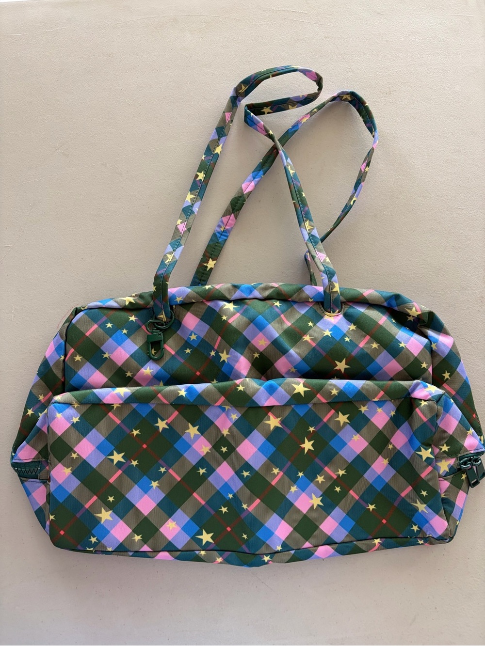Plaid Star Shoulder Tote in Green and Pink